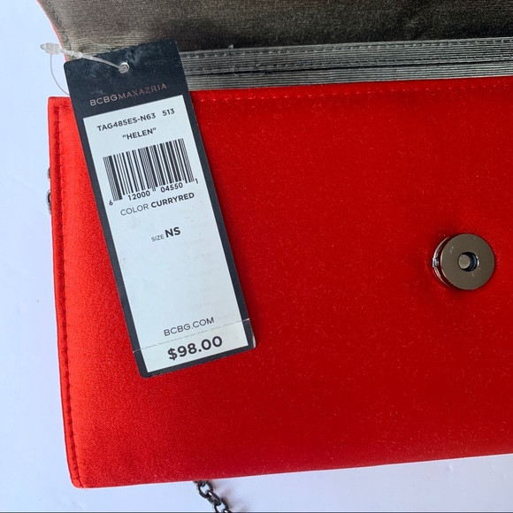 BCBG “Helen” Curry Red Satin Chain Clutch Bag - Picture 5 of 7
